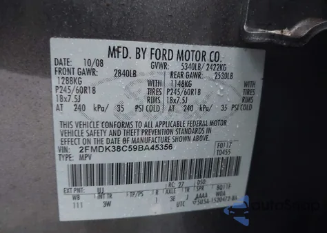 2009 Ford Edge Sel из США, поврежденный, VIN 2FMDK38C59BA45356